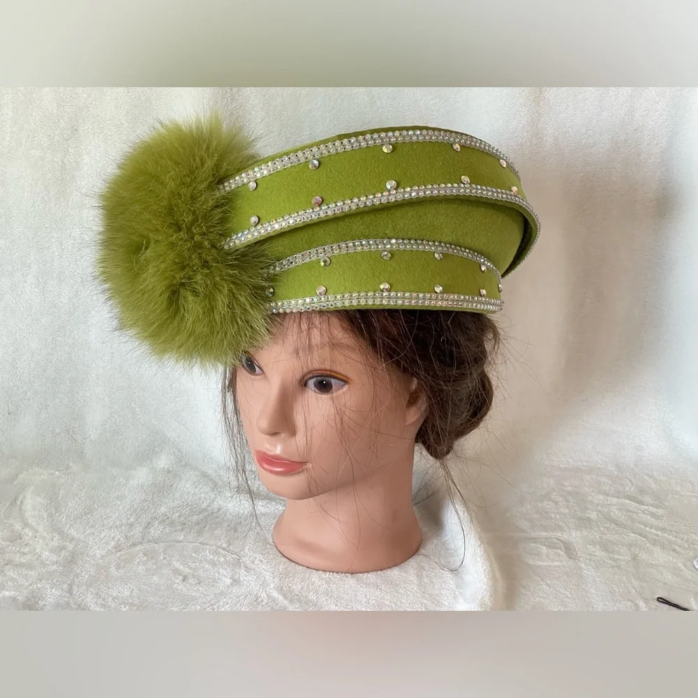 Stunning Mr D’s Vintage hat green wool and rhinestones Sunday church wedding